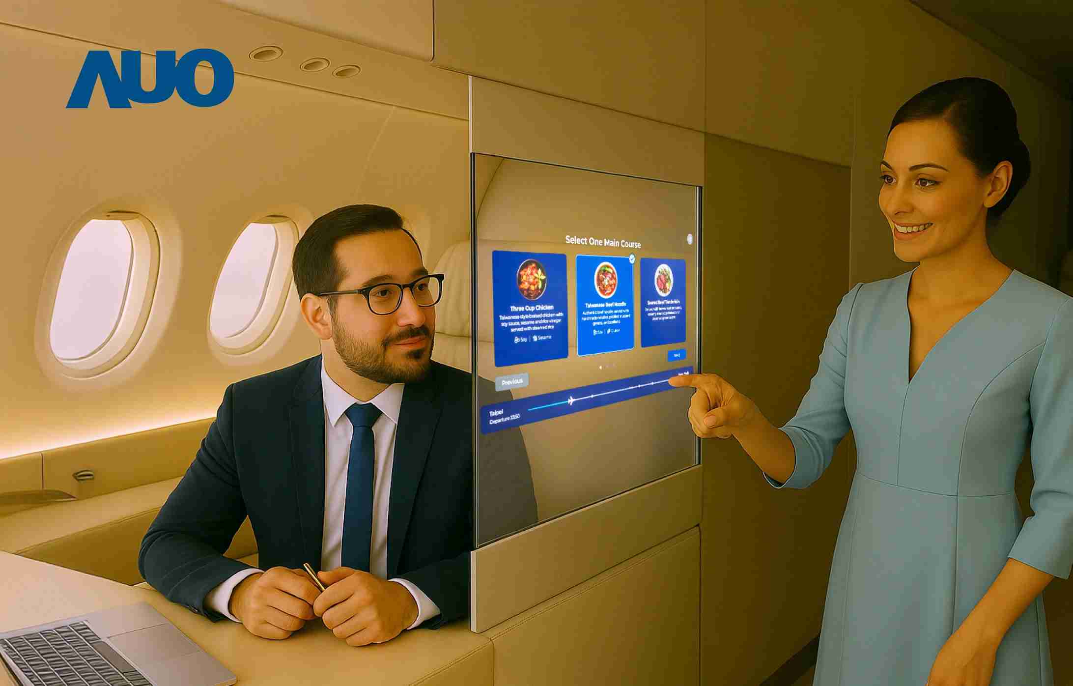 z6尊龙研发全球最薄17.3 吋双面透明 Micro LED 显示器，，，可在同一屏幕之双边投射不同信息，，创造独特的”透明化”互动；图为实时翻译交流应用情境